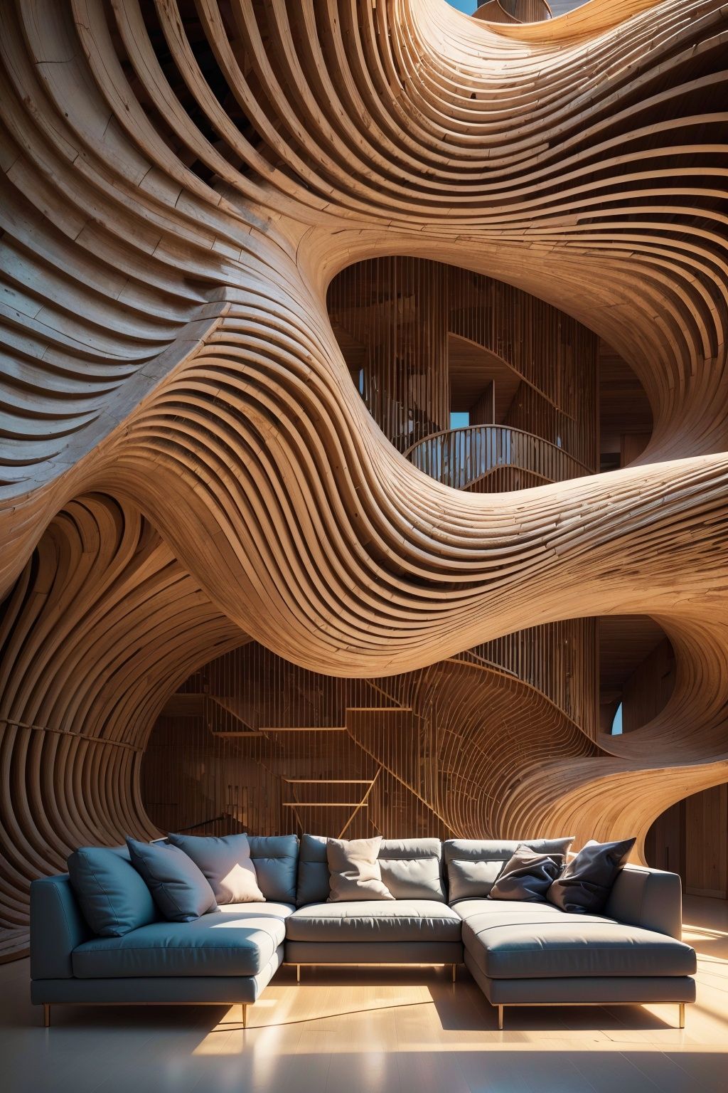  (Best quality, 4K, architectural photography, Masterpiece: 1.2), (Realiy: 1.4), (Installation art:1.2), bold lighting, Complex log curved modeling background, depth of fields,Gray sofa,Detailed details,High-definition realism,Installation Art