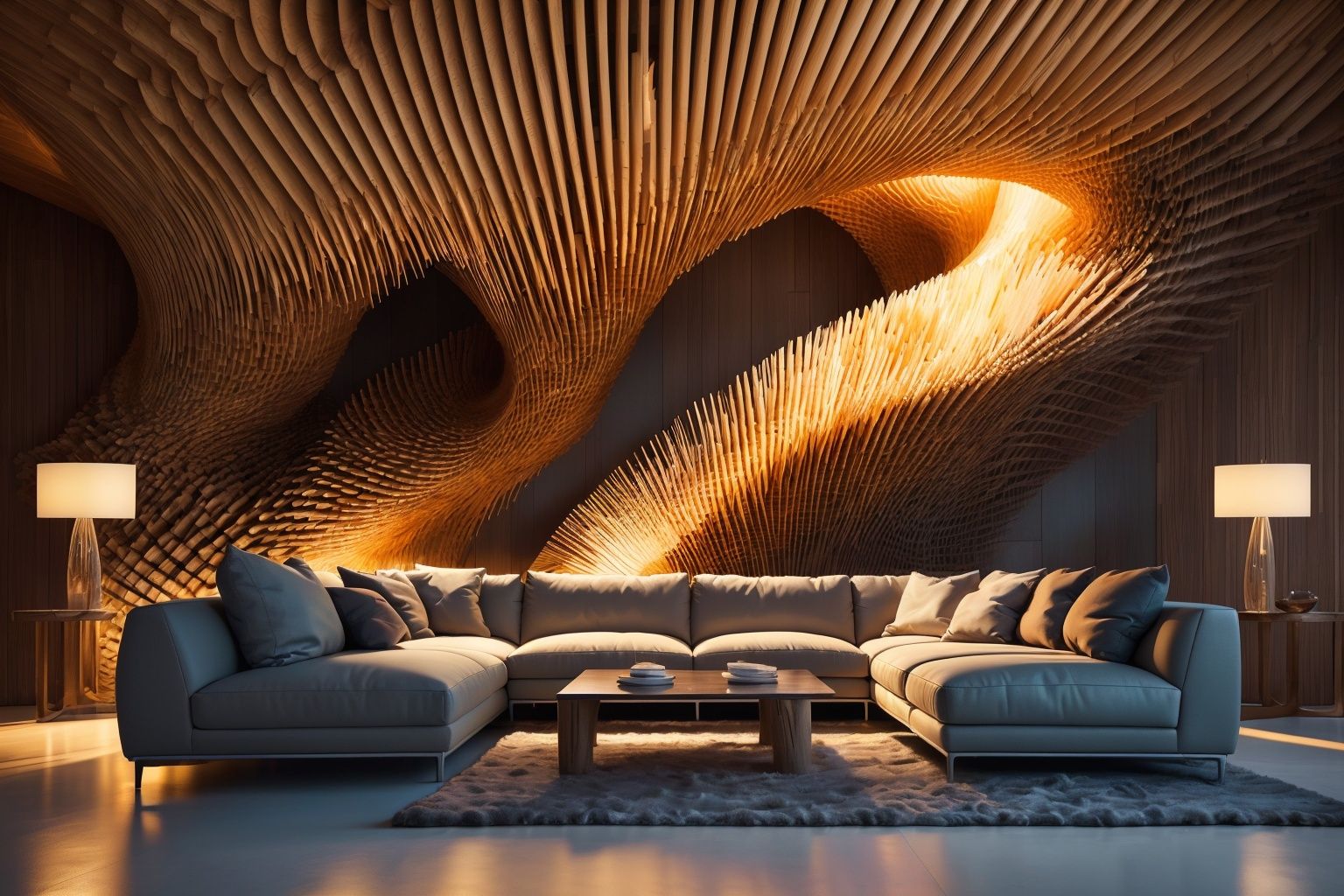  (Best quality, 4K, architectural photography, Masterpiece: 1.2), (Realiy: 1.4), (Installation art:1.2), bold lighting, Complex log curved modeling background, depth of fields,Gray sofa,Detailed details,High-definition realism,Installation Art