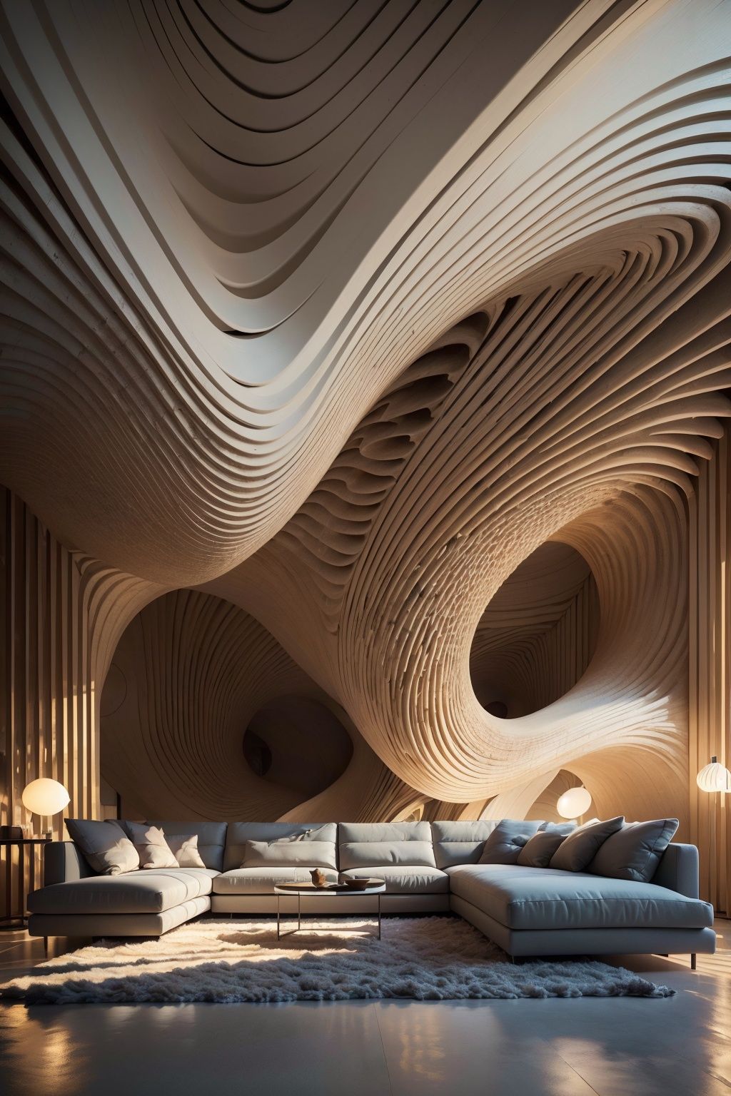  (Best quality, 4K, architectural photography, Masterpiece: 1.2), (Realiy: 1.4), (Installation art:1.2), bold lighting, Complex log curved modeling background, depth of fields,Gray sofa,Detailed details,High-definition realism,Installation Art