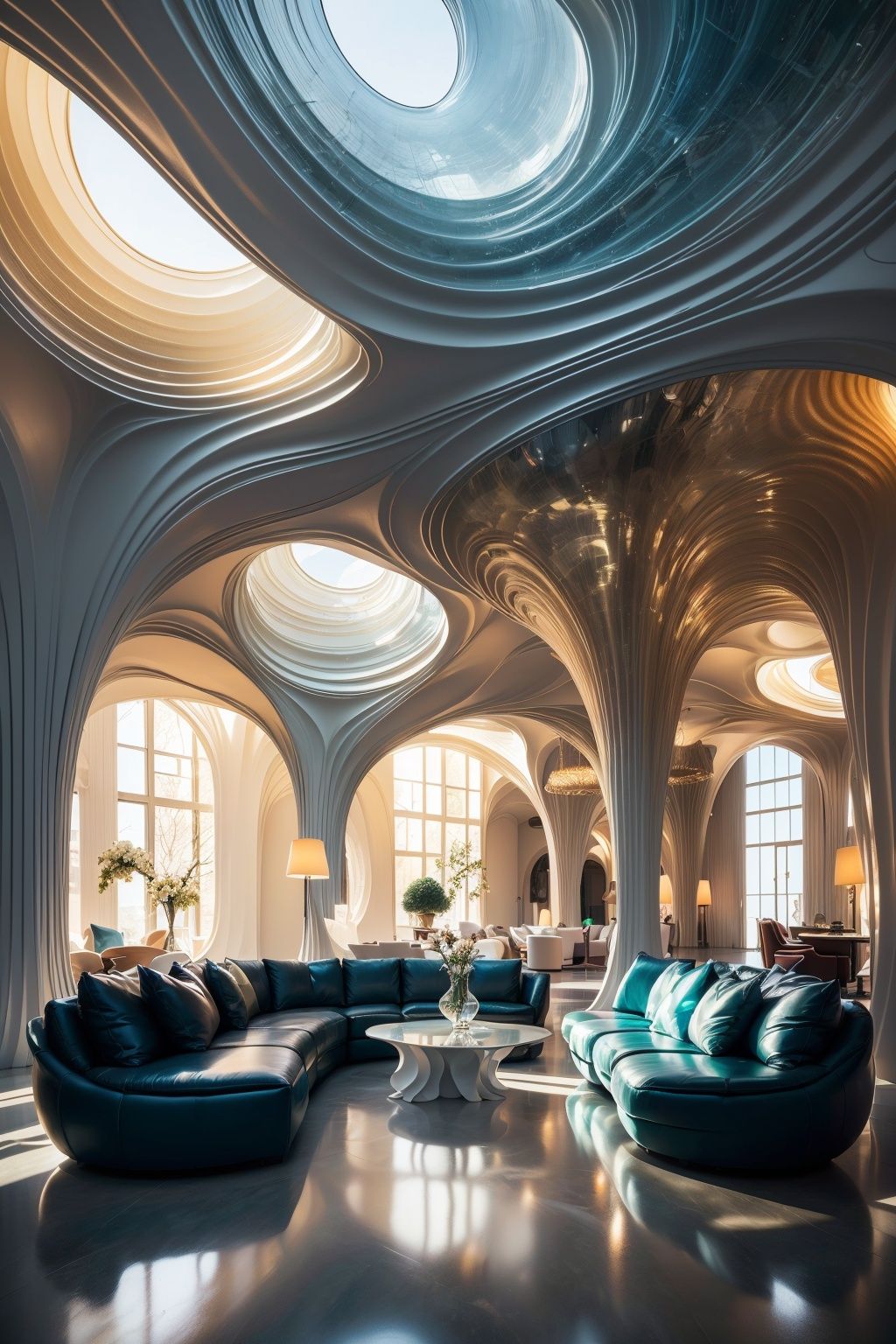 (best quality, 4K, architectural photography, masterpiece: 1.2), (full truth: 1.4), indoor, (installation art), bold lighting, blue and white colors, wavy resin plate, fluid background, depth of field, many flowers, leather sofa, detailed details, high definition
,Installation art