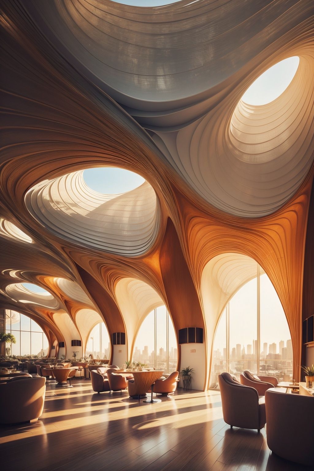   The johanna is a new restaurant that focuses on viewsof the city, in the style of tadao ando, dark maroonand orange, brutalist, muted hues, blown-off-roofperspective, western zhou dynasty, vray tracing ,3D grand scene, epic feeling, strong contrast between light and dark, fantasy, 3D rendering, master level work, high-quality, ultra-high details, 8K high-definition

,Installation art