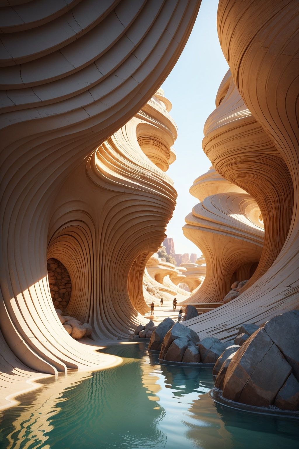 Sustainable architecture, book museum, atmospheric, semi transparent, warm lighting, majestic architecture, 16K, fine details, water, nature, outdoor, forests, rocks, trees, rivers, grass, Chinese mountains, high altitude, environmental concept art, cg scene design, 3D, large scenes, epic feeling, strong light and dark contrast, fantasy, 3D rendering, master level works, high-quality, ultra-high details, 8K, high-definition

