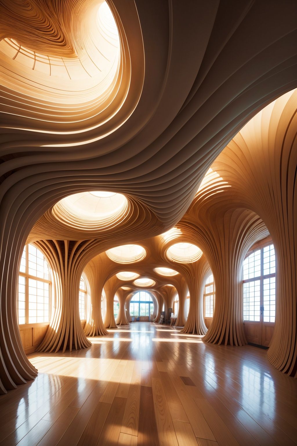 Best quality, 4K, high resolution, masterpiece, installation art, parametric pattern, undulating interior decoration with lighting, multi-color cube, twisted wood strip, geometric space, depth of field, flowing wood strip, detail texture, warm lighting, surrealist style, depth of field, best quality, masterpiece, photos, photography,

