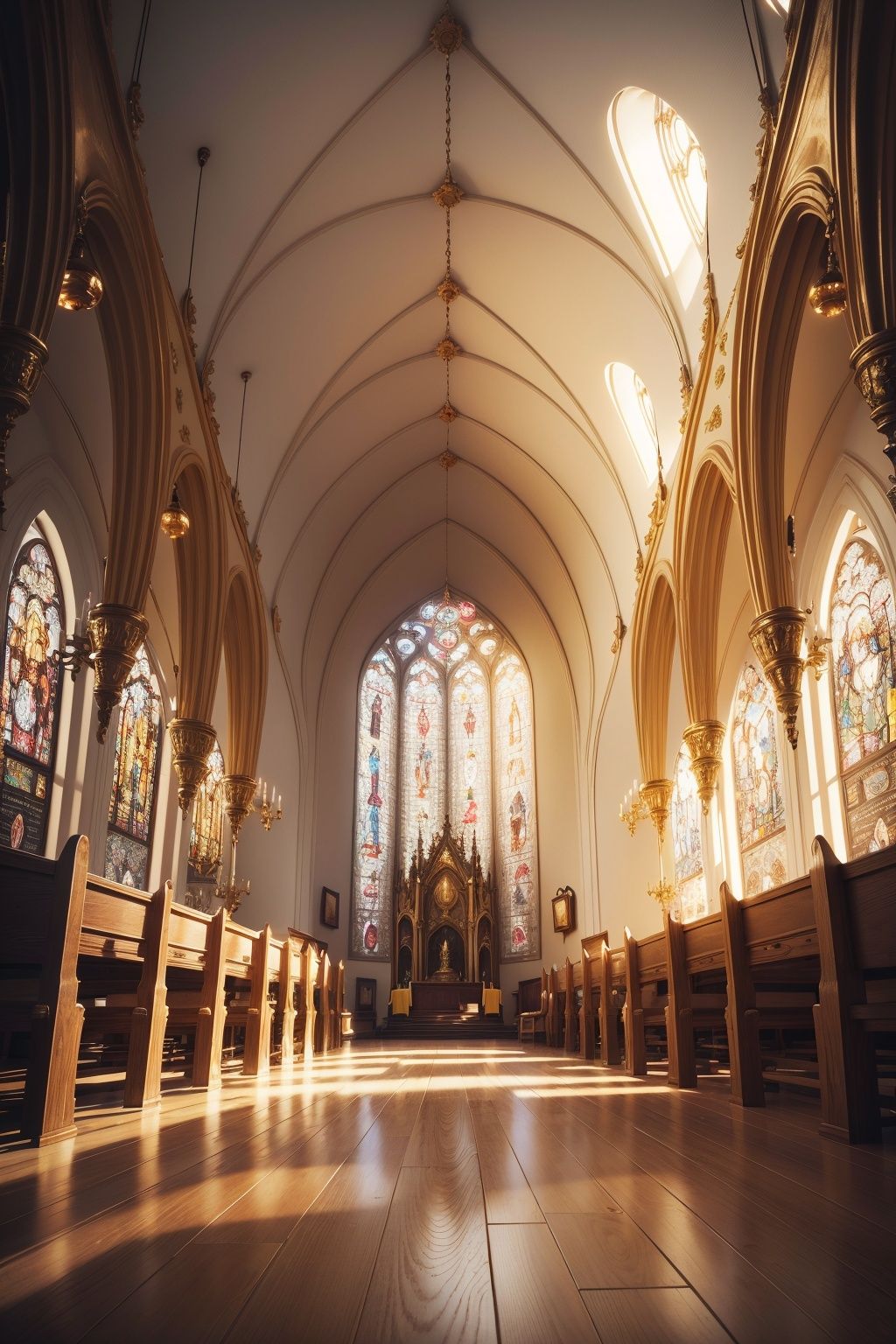 The interior of a golden church features colorful old-fashioned glasses, huge lighting, colorful lighting on the ground, cg scene design, 3D grand scene, epic feeling, strong contrast between light and dark, fantasy, 3D rendering, master level work, high-quality, ultra-high details, 8K high-definition

