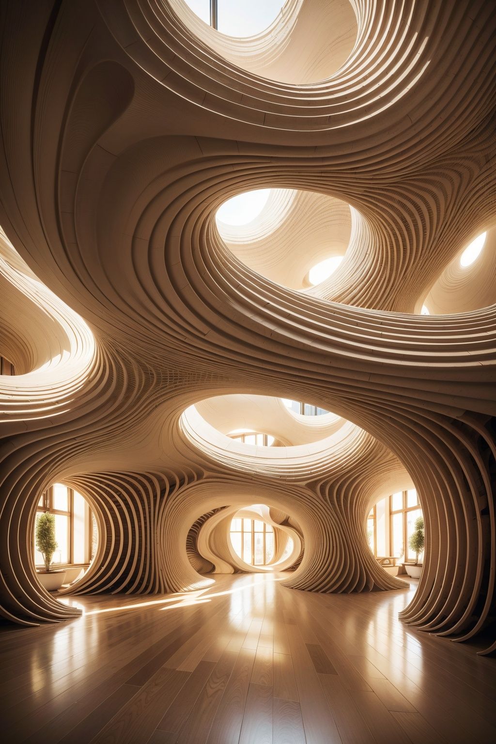 Best quality, 4K, high resolution, masterpiece, installation art, parametric pattern, undulating interior decoration with lighting, multi-color cube, twisted wood strip, geometric space, depth of field, flowing wood strip, detail texture, warm lighting, surrealist style, depth of field, best quality, masterpiece, photos, photography,


