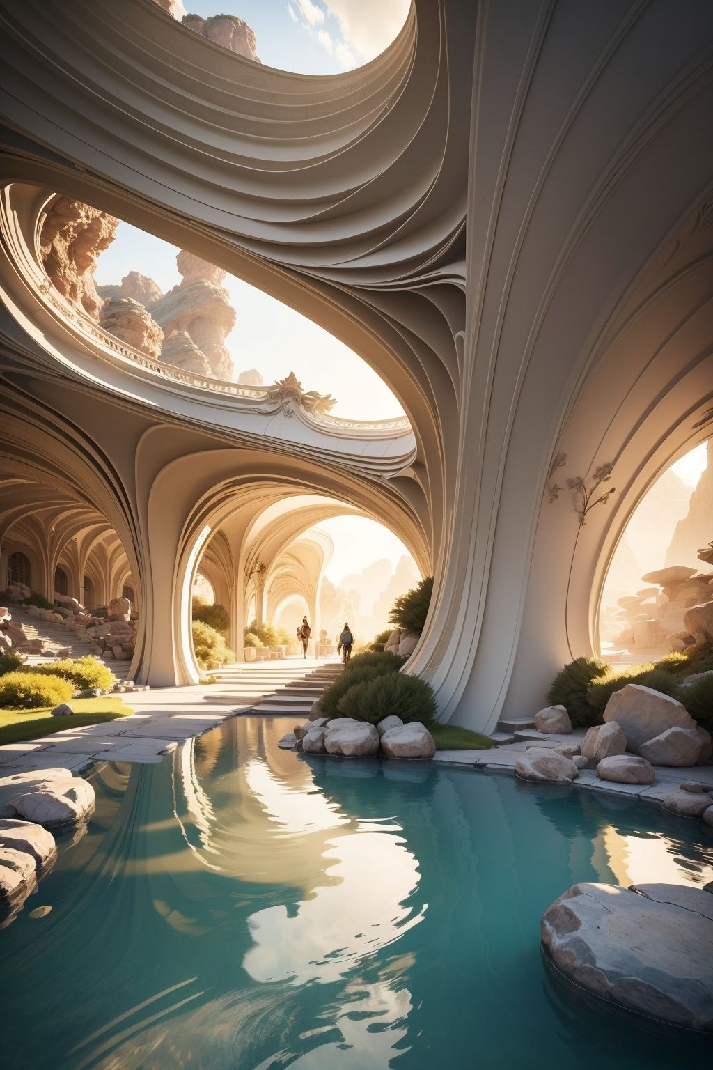 Sustainable architecture, book museum, atmospheric, semi transparent, warm lighting, majestic architecture, 16K, fine details, water, nature, outdoor, forests, rocks, trees, rivers, grass, Chinese mountains, high altitude, environmental concept art, cg scene design, 3D, large scenes, epic feeling, strong light and dark contrast, fantasy, 3D rendering, master level works, high-quality, ultra-high details, 8K, high-definition


