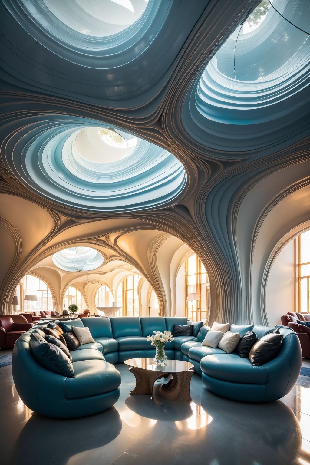 (best quality, 4K, architectural photography, masterpiece: 1.2), (full truth: 1.4), indoor, (installation art), bold lighting, blue and white colors, wavy resin plate, fluid background, depth of field, many flowers, leather sofa, detailed details, high definition
,Installation art