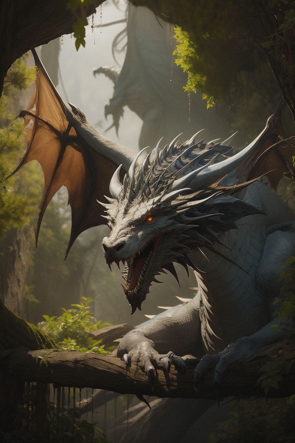 (white dragon:1.1),Sense of lens,shadow,wing,Real photograph,Highest quality,8k,(Blue flower:0.8), <lora:long20-000004:0.7>