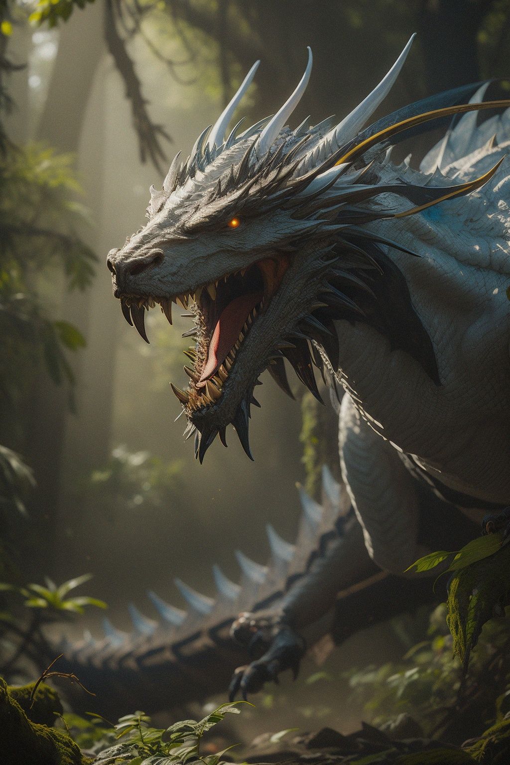 (white dragon:1.1),Sense of lens,shadow,wing,Real photograph,Highest quality,8k,(Blue flower:0.8), <lora:long20-000004:0.7> 