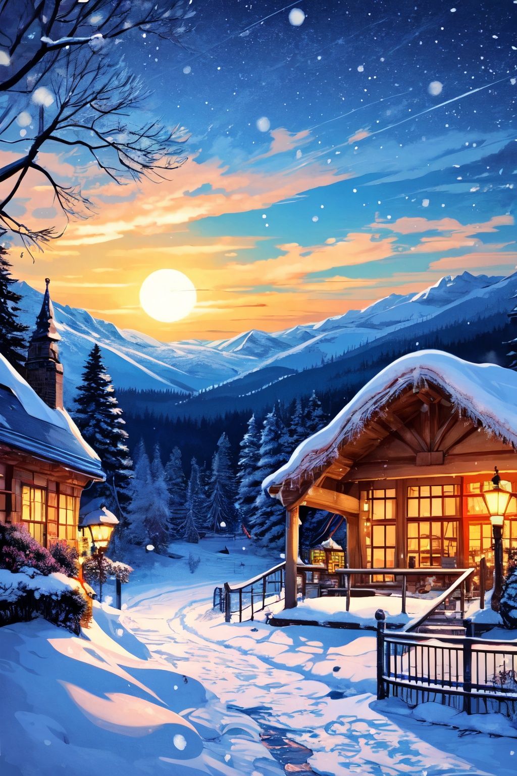 more centralizated, a christmas wallpaper with a snowing tree, a little bit in ilustration studio ghibli style, a little watercolor, the sky is clear, the art is beautiful, like a landscape,