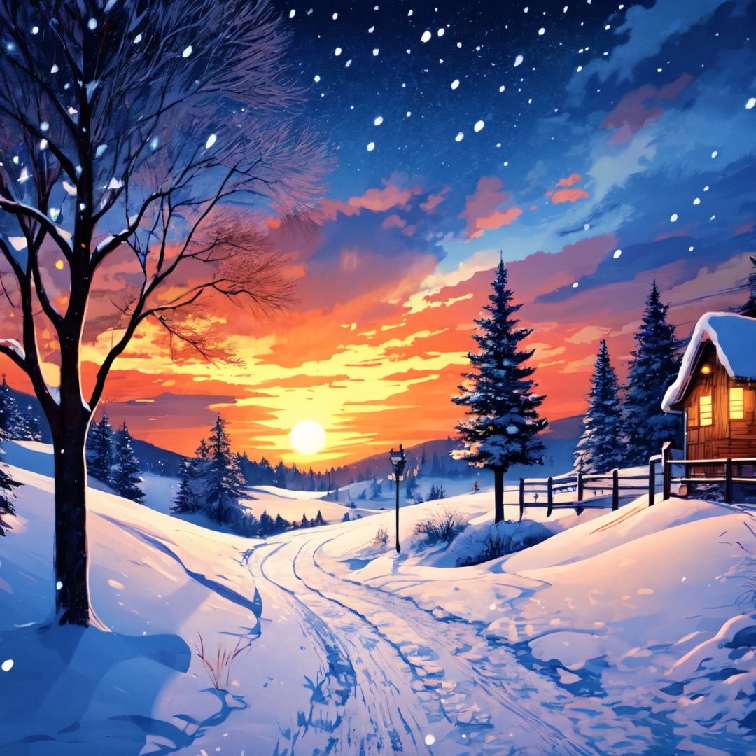 more centralizated, a christmas wallpaper with a snowing tree, a little bit in ilustration studio ghibli style, a little watercolor, the sky is clear, the art is beautiful, like a landscape,