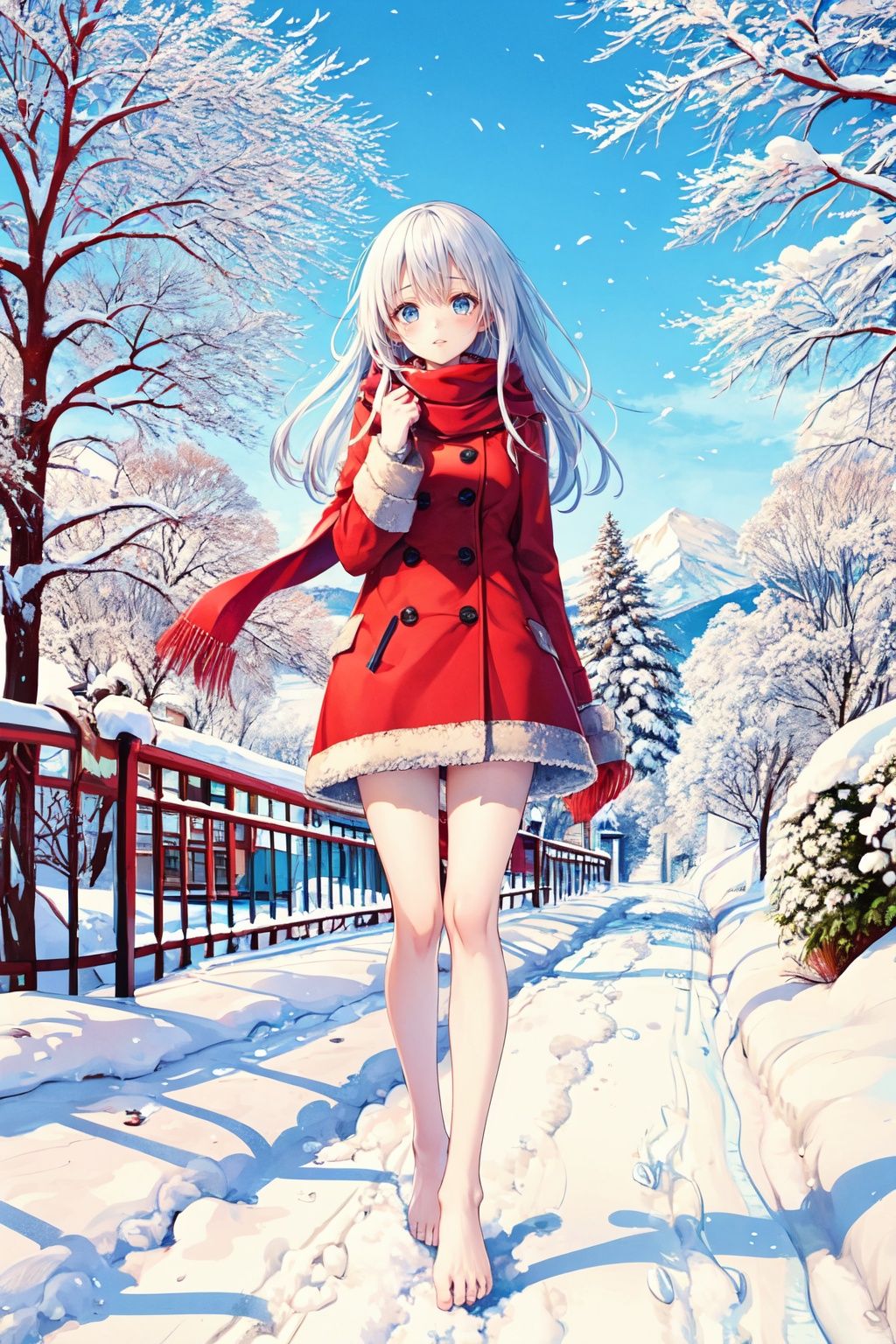  In the snow, a girl walking alone in the snow, wearing a red coat, long hair fluttering, white hair, red scarf, bare legs, bare feet, holding her body tightly, big eyes, her lips pressed together, she was about to cry, her long white hair fluttering in the wind, her delicate and beautiful face suppressed, step by step, the footprints behind her, the heavy snow, the biting wind blowing her scarf, in the distance is the continuous snow mountain, in this evening, helplessly forward, West Green, fashion