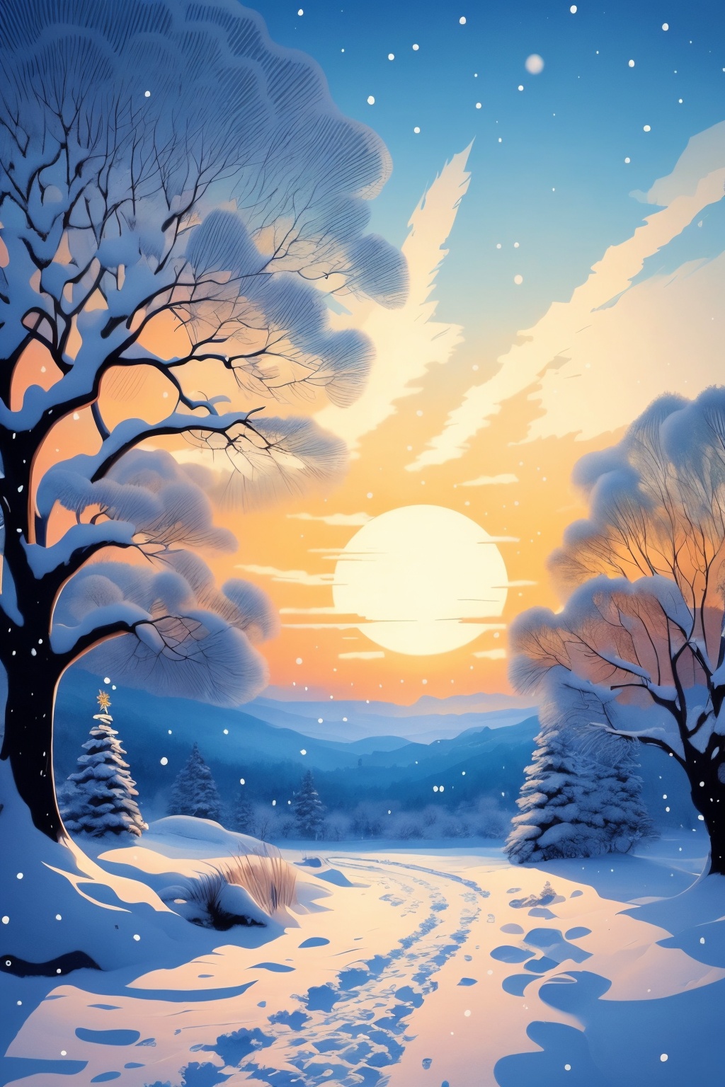  more centralizated, a christmas wallpaper with a snowing tree, a little bit in ilustration studio ghibli style, a little watercolor, the sky is clear, the art is beautiful, like a landscape,1girl, xiqing