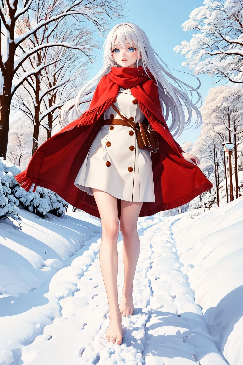  In the snow, a girl walking alone in the snow, wearing a red coat, long hair fluttering, white hair, red scarf, bare legs, bare feet, holding her body tightly, big eyes, her lips pressed together, she was about to cry, her long white hair fluttering in the wind, her delicate and beautiful face suppressed, step by step, the footprints behind her, the heavy snow, the biting wind blowing her scarf, in the distance is the continuous snow mountain, in this evening, helplessly forward, West Green, fashion