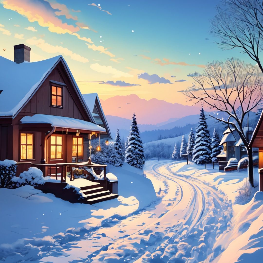 more centralizated, a christmas wallpaper with a snowing tree, a little bit in ilustration studio ghibli style, a little watercolor, the sky is clear, the art is beautiful, like a landscape,