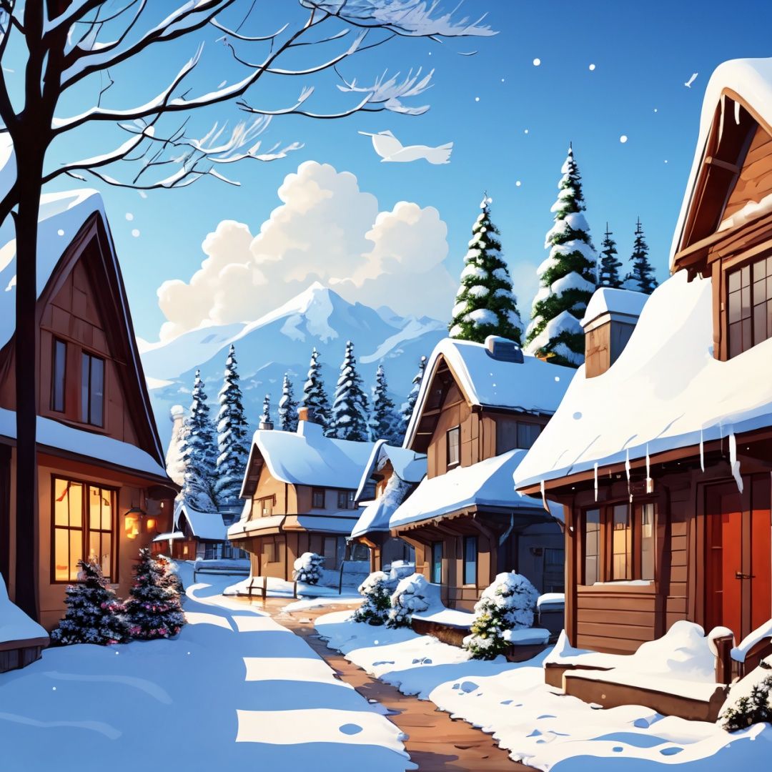 more centralizated, a christmas wallpaper with a snowing tree, a little bit in ilustration studio ghibli style, a little watercolor, the sky is clear, the art is beautiful, like a landscape,