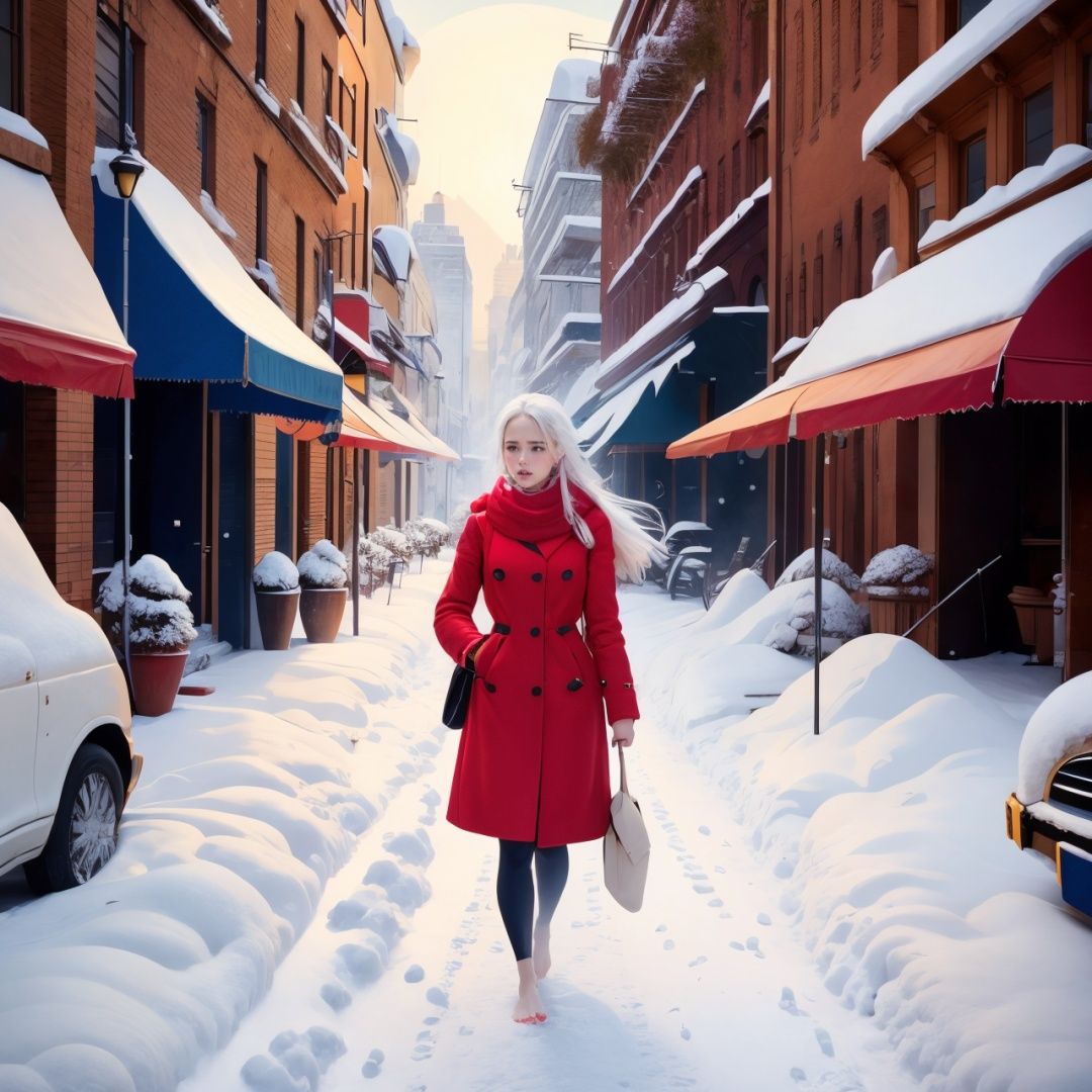  In the snow, a girl walking alone in the snow, wearing a red coat, long hair fluttering, white hair, red scarf, bare legs, bare feet, holding her body tightly, big eyes, her lips pressed together, she was about to cry, her long white hair fluttering in the wind, her delicate and beautiful face suppressed, step by step, the footprints behind her, the heavy snow, the biting wind blowing her scarf, in the distance is the continuous snow mountain, in this evening, helplessly forward, West Green, fashion,1girl