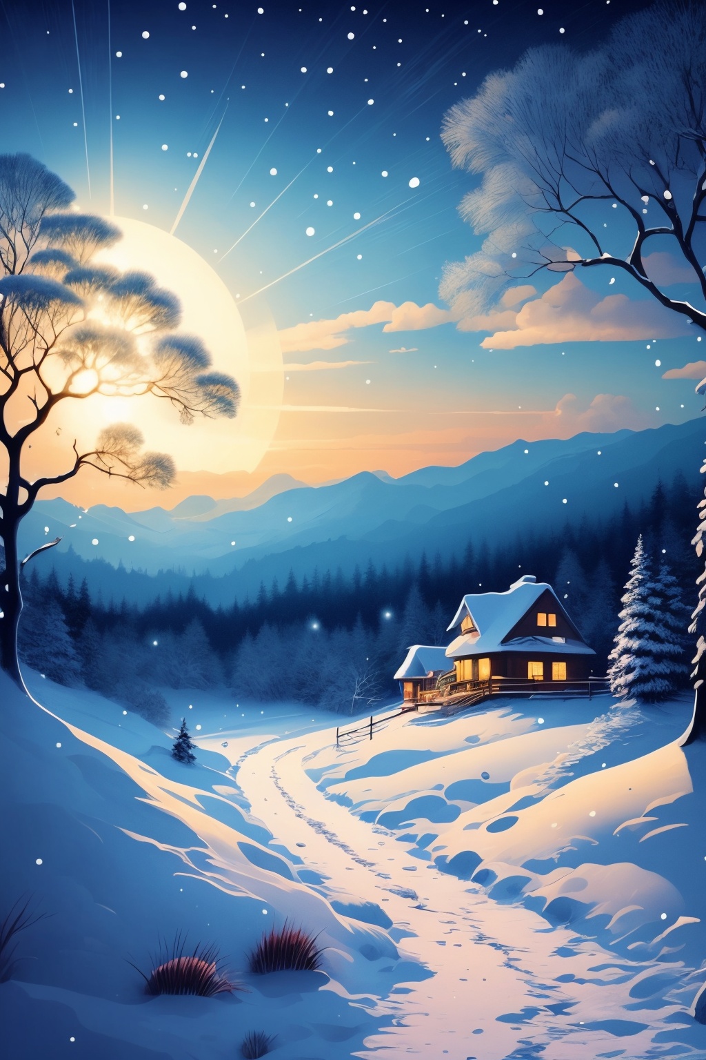  more centralizated, a christmas wallpaper with a snowing tree, a little bit in ilustration studio ghibli style, a little watercolor, the sky is clear, the art is beautiful, like a landscape,1girl, xiqing