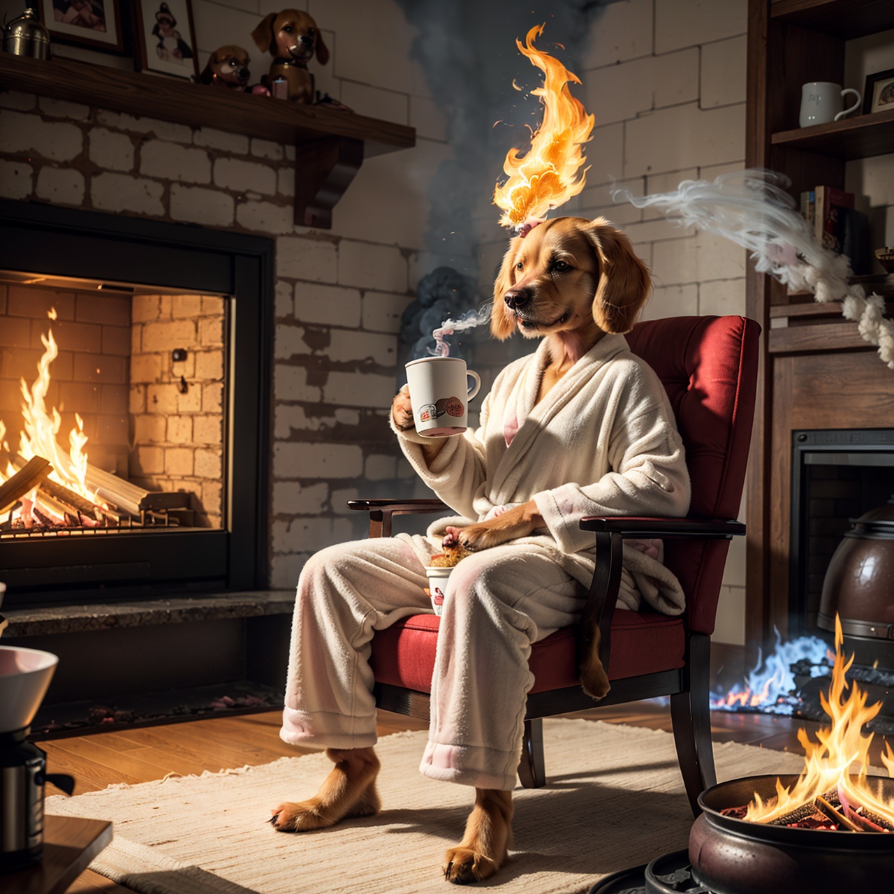 holding a coffee cup,  sitting,  in a robe on Tensor.Art