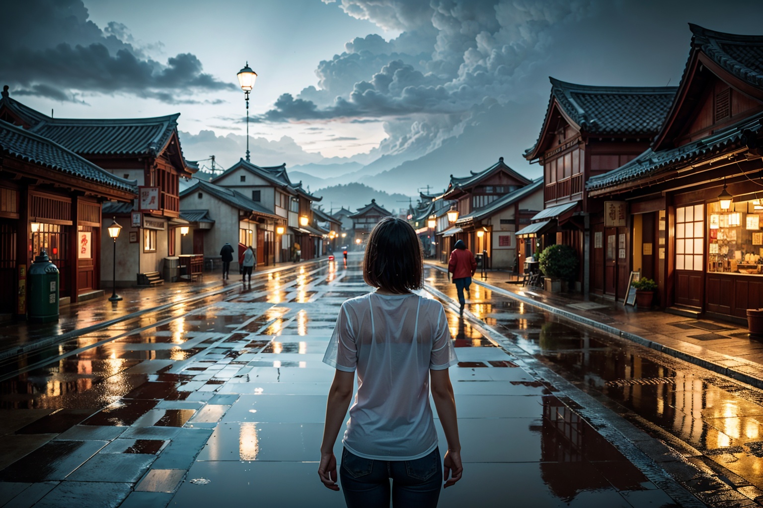 arafed view of a village with a lot of lights on the buildings,  dreamy chinese town,  chinese village on Tensor.Art