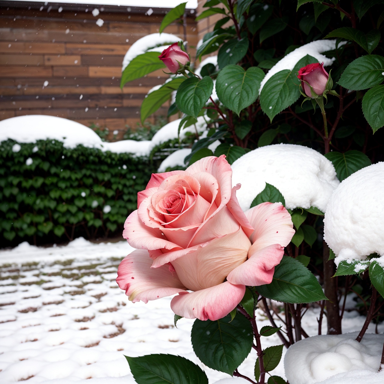 Pink roses grow on the bushes,  Leaves and petals are covered with dust and snow,  Shot with Canon 35mm lens on Tensor.Art