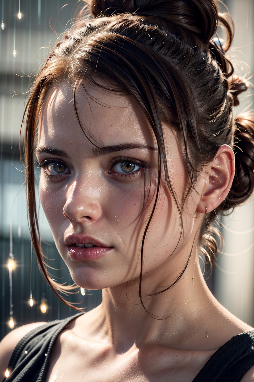 there is a woman with a messy bun in the rain,  highly realistic digital art,  very realistic digital art on Tensor.Art