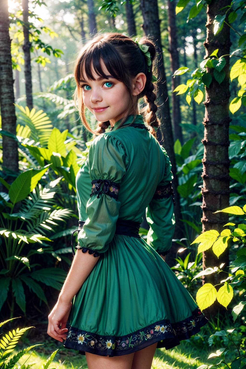 highly detailed photo of mysterious shy,  curious girl in forest,  detailed intricate ornate pale green cloth dress on Ten...
