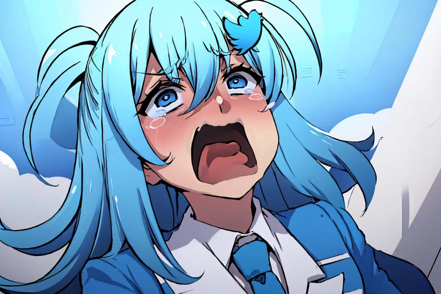 (masterpiece, best quality:1.2), aquascreaming, solo, 1girl, twitter-chan, screaming, open mouth, crying with eyes open, hair ornament, white shirt, necktie <lora:twitterchan-nvwls-v1:0.9> <lora:concept_aquascreaming:1>