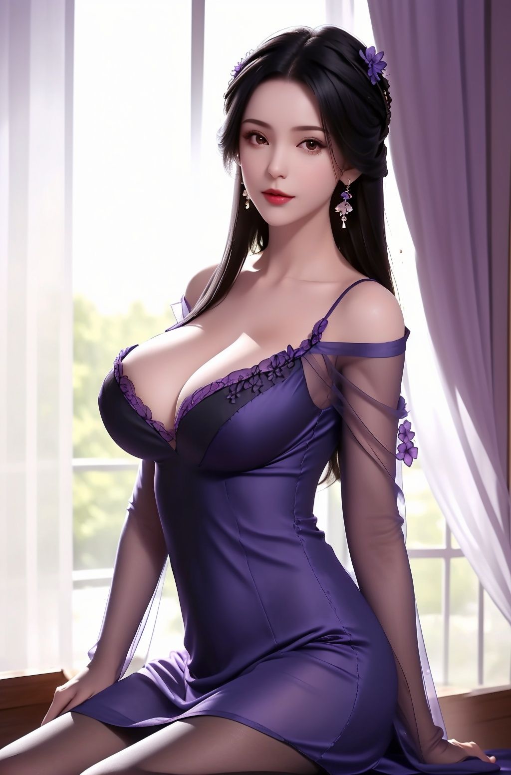 1girl, breasts, cleavage, dress, solo, black hair, long hair, earrings, large breasts, pantyhose, jewelry, window, looking at viewer, purple dress, hair ornament, curtains, blue dress, flower, indoors, bare shoulders, collarbone, black pantyhose, hair flower, see-through, off shoulder, <lora:jiangli_20231122114724-000005:0.8>