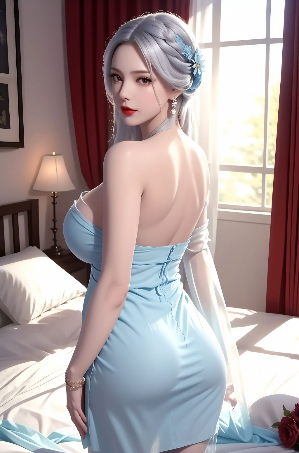1girl, breasts, dress, solo, indoors, jewelry, earrings, looking at viewer, long hair, window, braid, large breasts, pantyhose, blue dress, white pantyhose, hair ornament, bare shoulders, ass, see-through, looking back, curtains, bed, flower, cowboy,{{white hair}}, brown eyes, hair flower, from behind, lips, standing, closed mouth, red lips, bedroom, crown braid, strapless dress, sideboob, back, <lora:jiangli_20231122114724-000005:0.8>
