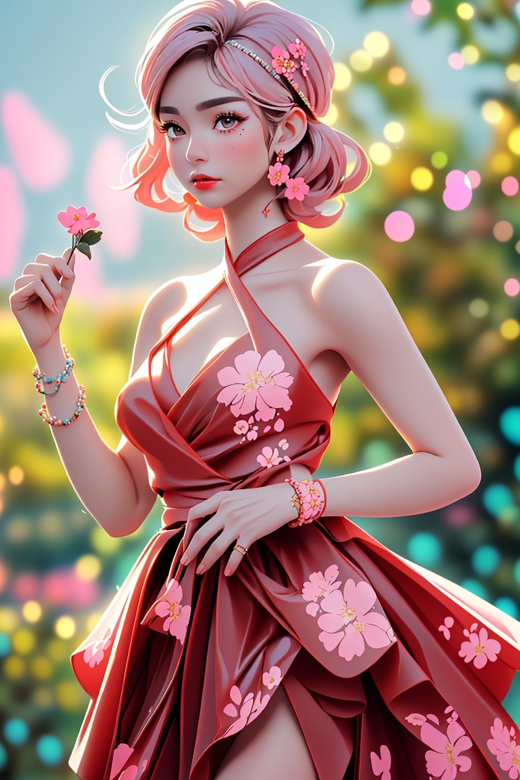  (Floral_wrap_top:1.4),(Midi_skirt:1.4),(Beaded_bracelets:1.3),(Garden_party_background:1.5)1girl,solo,pink hair,outdoors,streets,street,city,black legwear,(Beach_background:1.3),(Beaded_headband:1.3),(masterpiece, best quality, realistic,),(photorealistic:1.4),moyou,chinese woman,lip,brown eyes,(brighteninglight:1.2),(Increasequality:1.4),finelydetailedeyes,She has exquisite facial features and delicate skin,Rich and realistic skin texture,fine hands,the magnificent red evening dress was adorned with sparkling jewelry,,