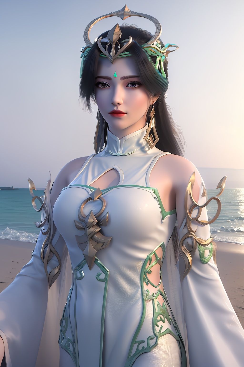 masterpiece,(best quality),(3d)official art, extremely detailed cg 8k wallpaper,((crystalstexture skin)), (extremely delicate and beautiful),highly detailed,((hair_ornament)),(face,eyes),1girl,solo,long hair,headwear,(standing),(hair),(closed mouth),(looking at the audience:1.3),(Facing the camera:1.3),hand,gloves,makeup,,(dress,chinese_clothes,china_dress),(long sleeves)((Summer, beach, sunbathing, seaside)),detached_sleeves,((looking_at_viewer)), (cleavage,medium breasts), (upper body), <lora:hipoly3DModelLora_v10:0.3>