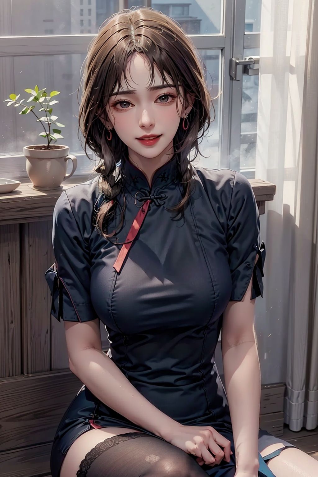 (Representative work: 1.3), Best quality, Illustrations, Sunshine, (Detail beauty: 1.3) Looking at the audience, Big chest, Ribbon, Qipao, Smile, Upper body, Earrings, 8K quality, Realistic visual effects, Volume lighting, Movie image quality, Ultimate details, Complex and exquisite details, Foreground, Sitting posture,Knee length stockings, Full body shot