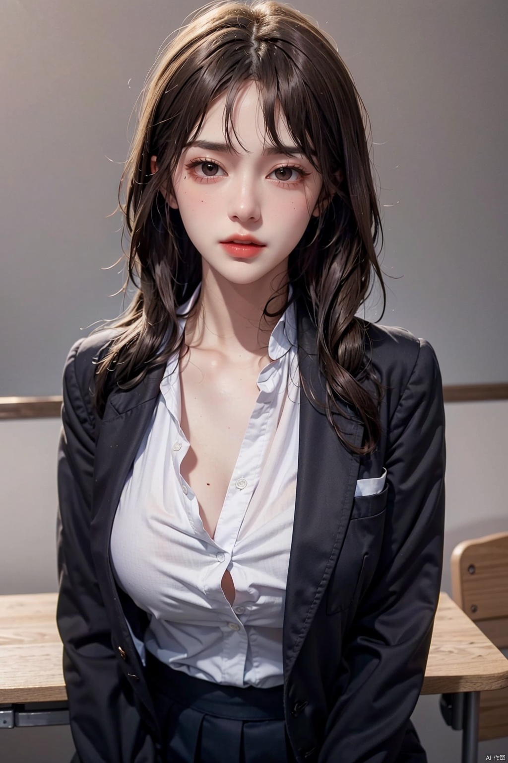 Masterpiece,Ultra HD,Best,(Wallpaper),8K,High Detail Skin,Ultra Detail,High Resolution,Perfect Detail Face,Shining Skin,1Girl,Solo,(Perfect Anatomy),(Perfect Ratio/Perfect Body),Mid Chest,full_shot,,looking at viewer,brown hair,school uniform,jacket,shirt,bangs,white shirt,