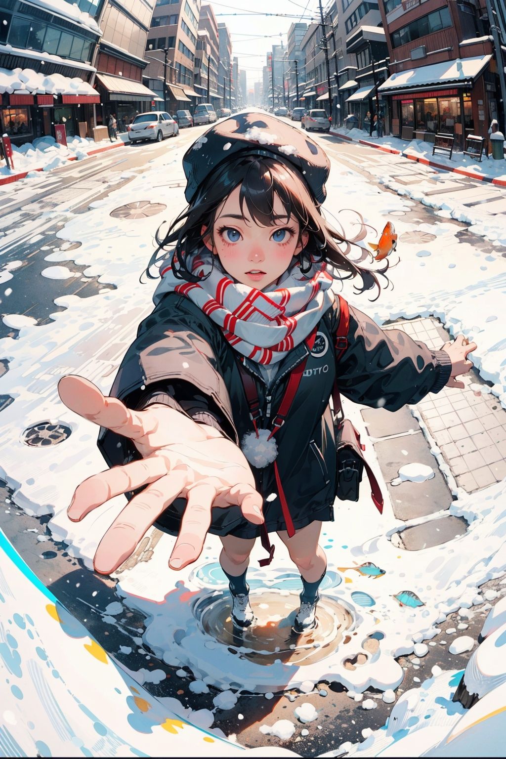  Best quality,8k,cg,
1girl,Exaggerated perspective , ultra wide shot,reaching out hand,foreshortening, on the tokyo street, realistic, highres, female focus, solo,snowy day, scarf, hat, flying snow,fish-eye len,fish eye angle