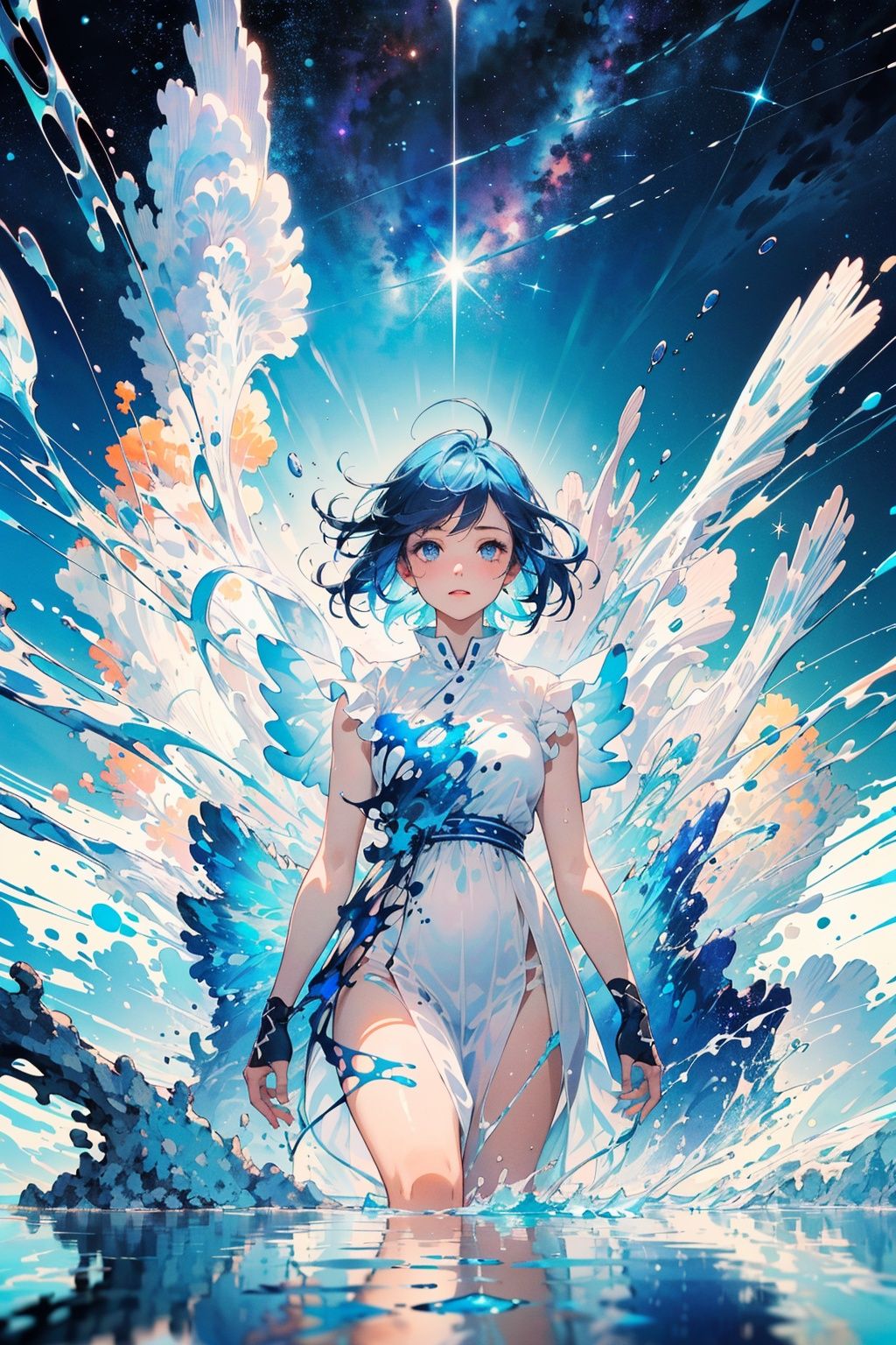  Best quality,8k,cg,
absurdres, highres, (official art, beautiful and aesthetic:1.2), (close view:1.15), (1girl, blue hair, middle hair, blue eyes, shining eyes, white long dress, Blue Frill,:1.2), blue sky, Sparkling Galaxy, (Salar de Uyuni:1.2), (fractal art:0.8), water effects, ripple effects, (flower effects:0.65), light effects,
