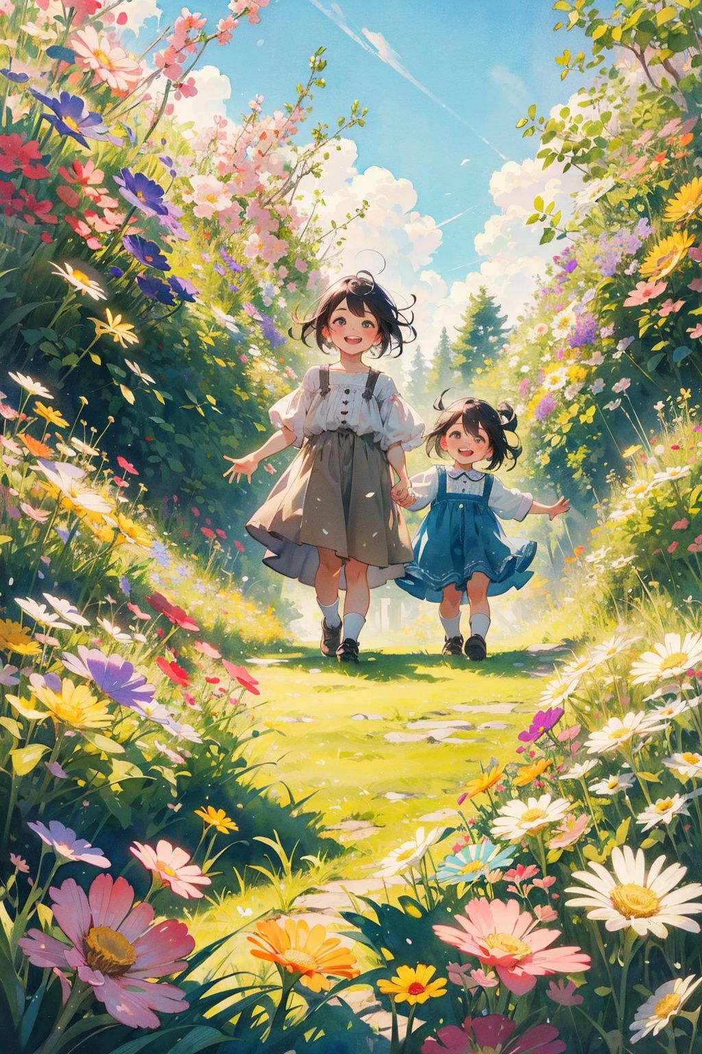  Best quality,8k,cg,
absurdres,incredibly absurdres,masterpiece,best quality,1girl,1boy,child,detail light,small animals,in spring,nature,action,kawaii,in a meadow,full-blown flowers,whole family,love,friend,play,lively,watercolor,happy,smiling,HS,