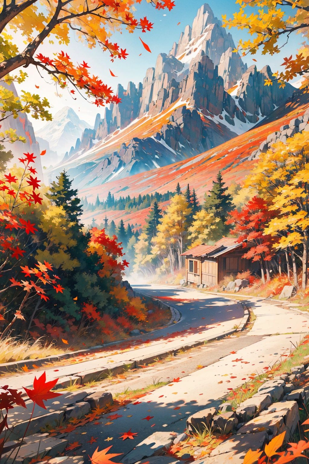  Best quality,8k,cg,
masterpiece,best quality, ultra-detailed, chfsh,extreme detail description,professional,landscape, Beautiful scenery of autumn maple leaf,red leaves,falling leaves, mountain road,