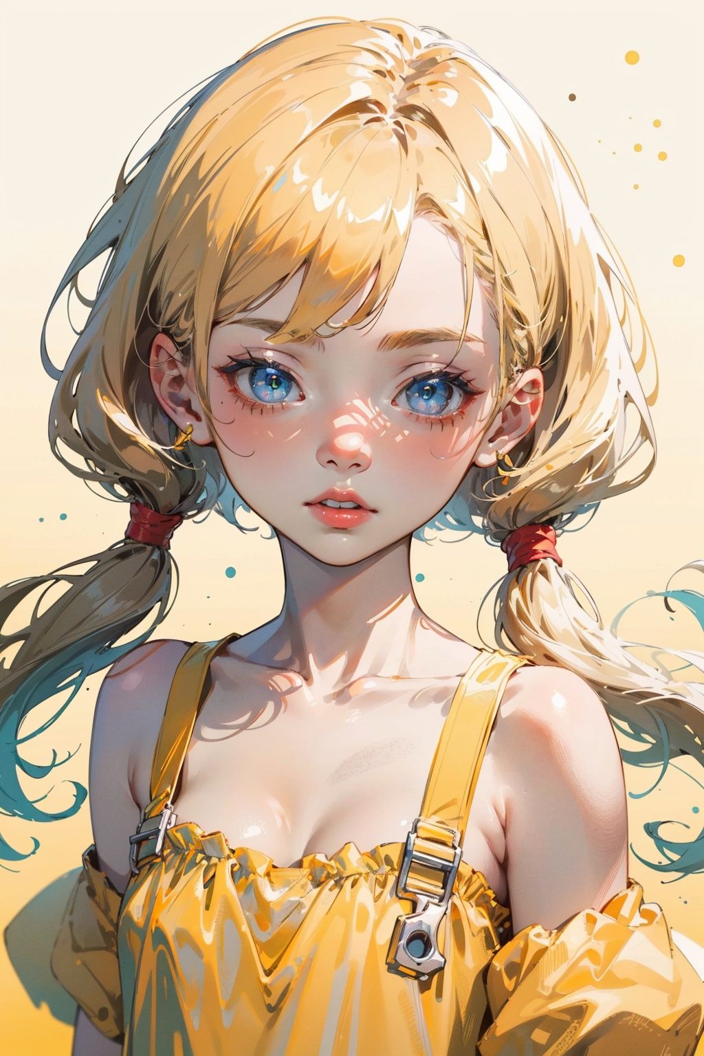  Best quality,8k,cg,
(masterpiece, high quality, highres,Highest picture quality), (Master's work),yellow background,dynamic Angle,Solid color background,Flat color,cute little girl,loli,solo,solo focus,detailed eyes,detailed face,shiny hair, shiny skin, shiny eyes, yellow hair,low twintails,collarbone, bare shoulders,yellow clothes,