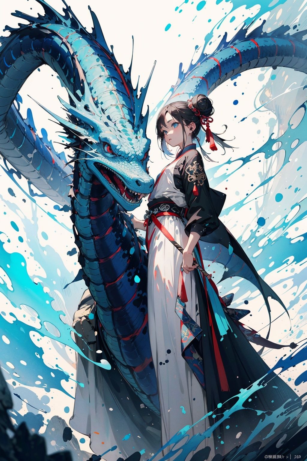  Best quality,8k,cg,
a girl,chinese,blue eyes,(blue dragon:1.2),black bun,totem,hanfu,blue embellishment,(small town:1.1),vision,look down on,(masterpiece:1,2),best quality,masterpiece,highres,original,extremely detailed wallpaper,perfect lighting,(extremely detailed CG:1.2),drawing,paintbrush,(low saturation:1.1),(low contrast:1.1),