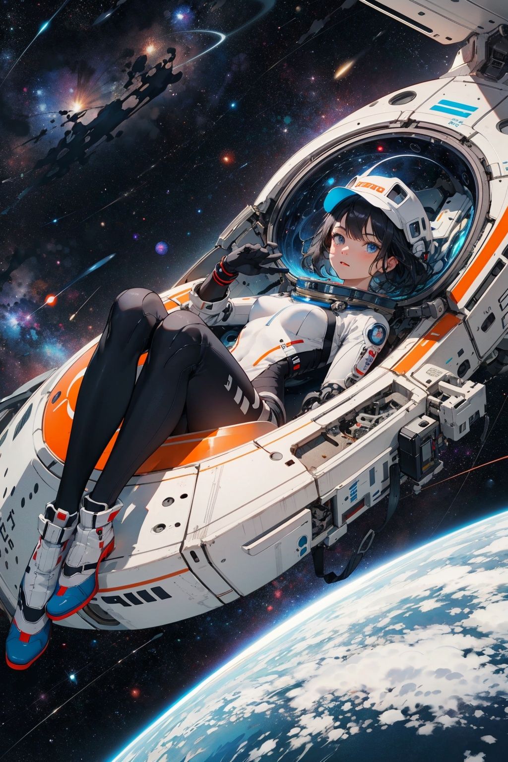  Best quality,8k,cg,
1girl, solo, black_hair, mecha, on back, bodysuit, blue eyes, headwear removed, looking_at_viewer, (Space capsule:1.2), Floating mechanical props,  indoor,.