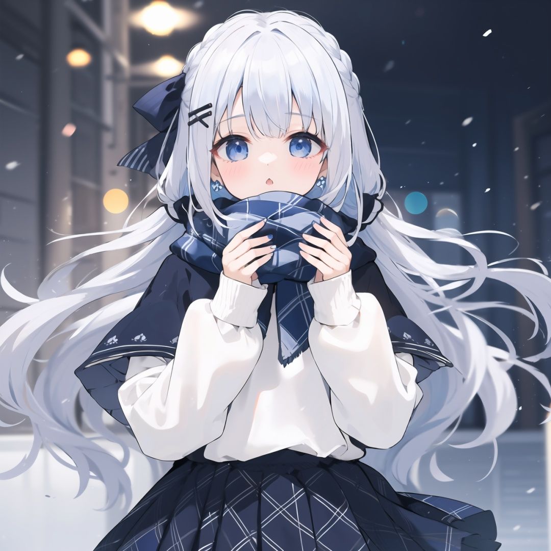 1girl, solo, plaid, skirt, blue eyes, scarf, plaid skirt, long hair, bangs, blue scarf, long sleeves, looking at viewer, plaid scarf, hair ornament, black sweater, blurry, blurry background, blush, hair bow, fringe trim, hands up, blue skirt, bow, parted lips, nail polish, pleated skirt, blue nails, hairclip, depth of field, sweater, sleeves past wrists, capelet, blue bow, puffy long sleeves, breath, signature, :o, jewelry, earrings, white hair, blue capelet, puffy sleeves, blue hair
