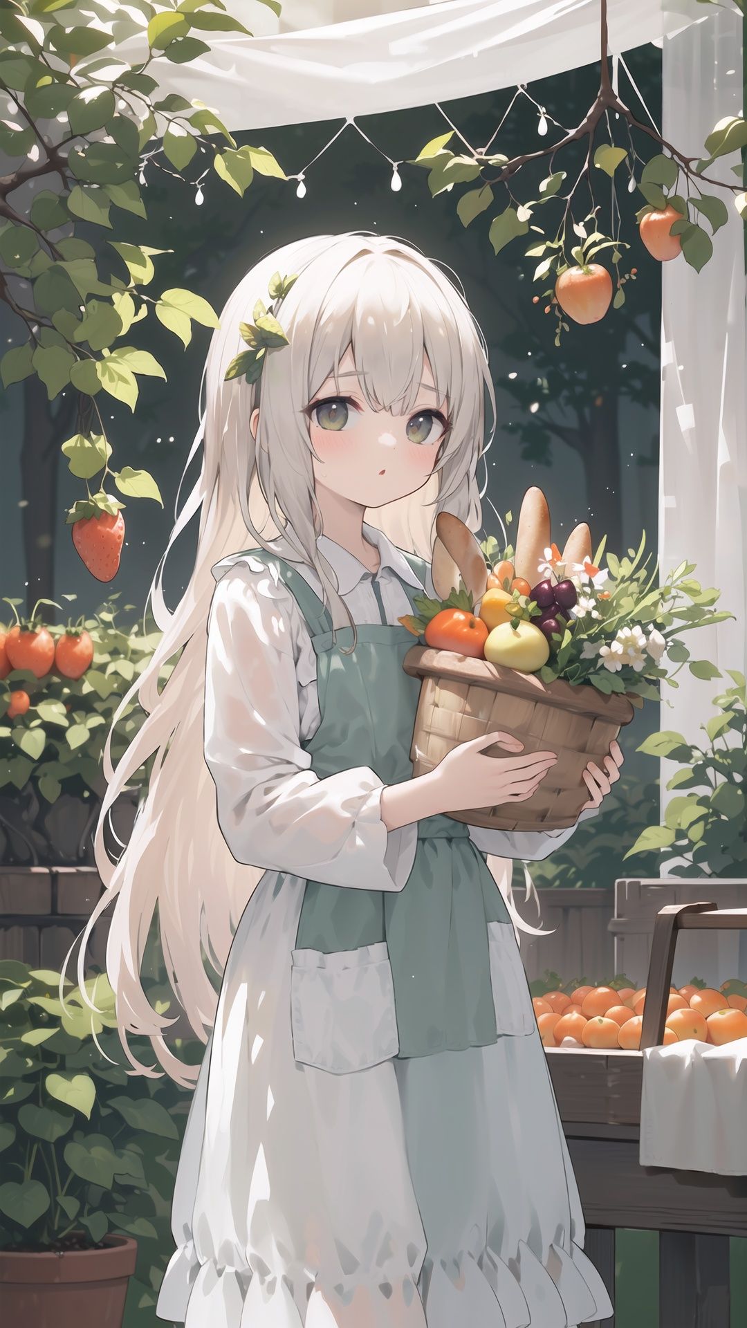 dark,dark,dark,finely detail, Depth of field,(((masterpiece))),((extremely detailed CG unity 8k wallpaper)),best quality, high resolution illustration,Amazing,intricate detail,(best illumination, best shadow, an extremely delicate and beautiful),dramatic angle,long-focus,A rich color,darkgreen tone,darkgreen tone,(((Tyndall effect))),(((dense))),((fog)),((God's light)),
apple, basket, carrot, food, fruit, tomato, grapes, vegetable, holding_basket, eggplant, orange_\(fruit\), onion, banana, potato, 1girl, tree, red_apple, cutting_board, bread, salad, peach, pot, solo, berry, garden, lemon, long_hair, apron, plant, cucumber, mushroom, potted_plant, lettuce, hair_ornament, long_sleeves, looking_at_viewer, baguette, flower, watering_can, groceries, meat, strawberry, mandarin_orange, bow, silver_hair, outdoors