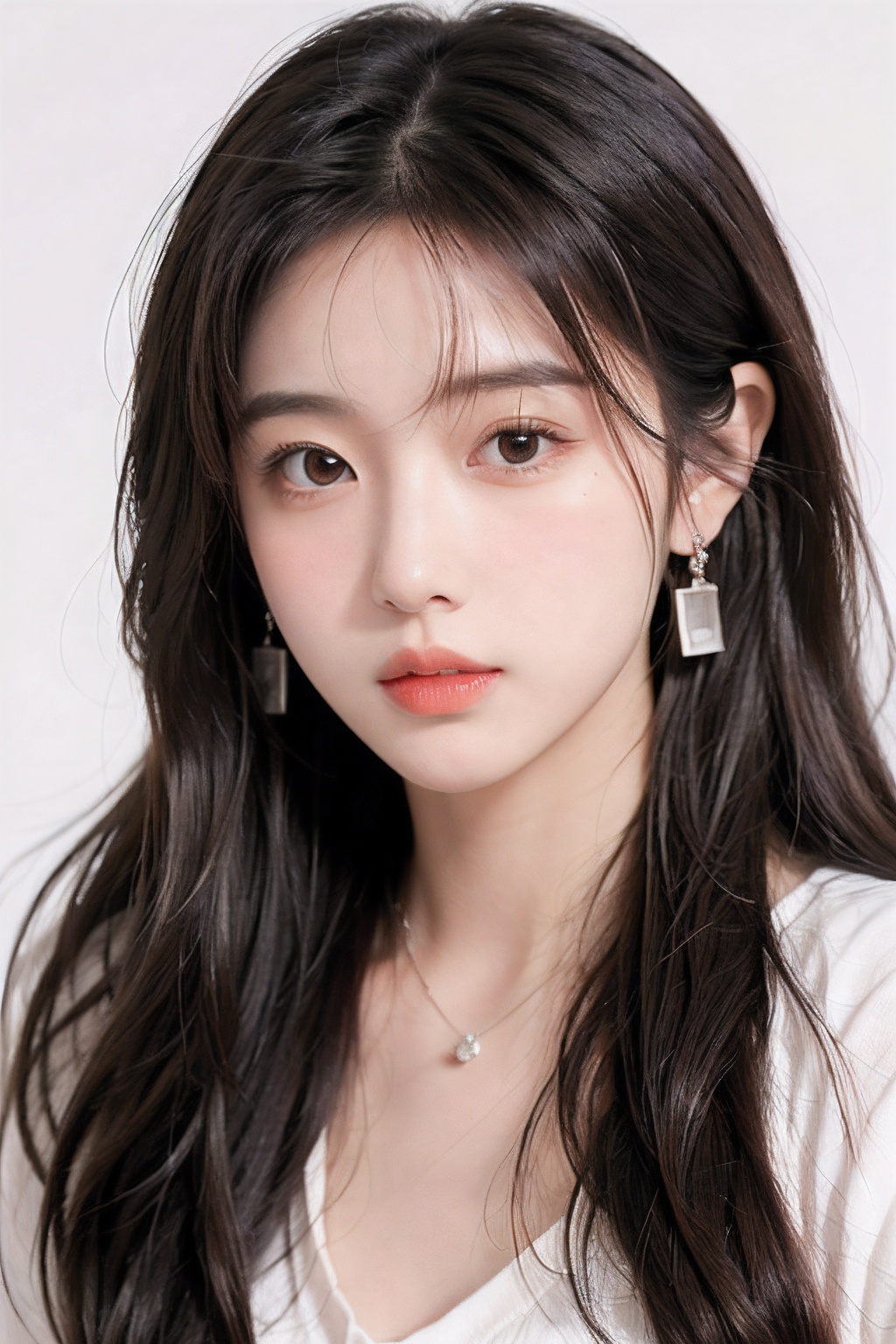 1girl, solo, earrings, jewelry, long hair, brown hair, realistic, looking at viewer, lips, upper body, closed mouth, simple background, portrait, brown eyes, shirt, white shirt, wavy hair, black eyes, blush, white background