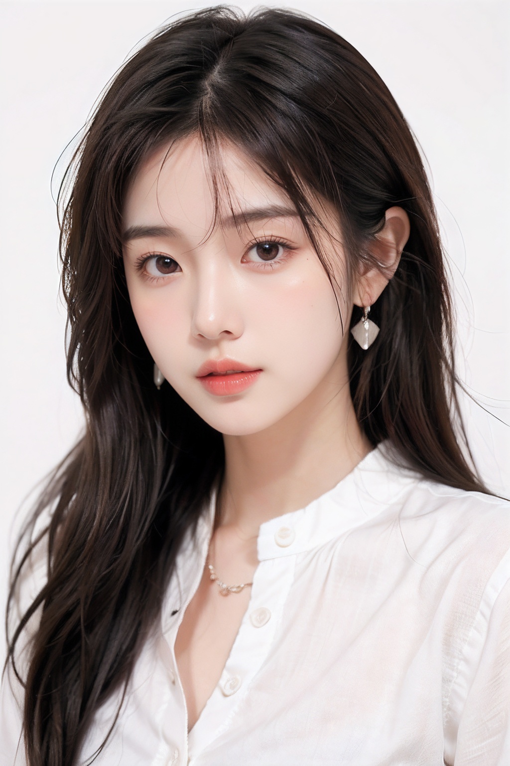 1girl, solo, earrings, jewelry, long hair, brown hair, realistic, looking at viewer, lips, upper body, closed mouth, simple background, portrait, brown eyes, shirt, white shirt, wavy hair, black eyes, blush, white background