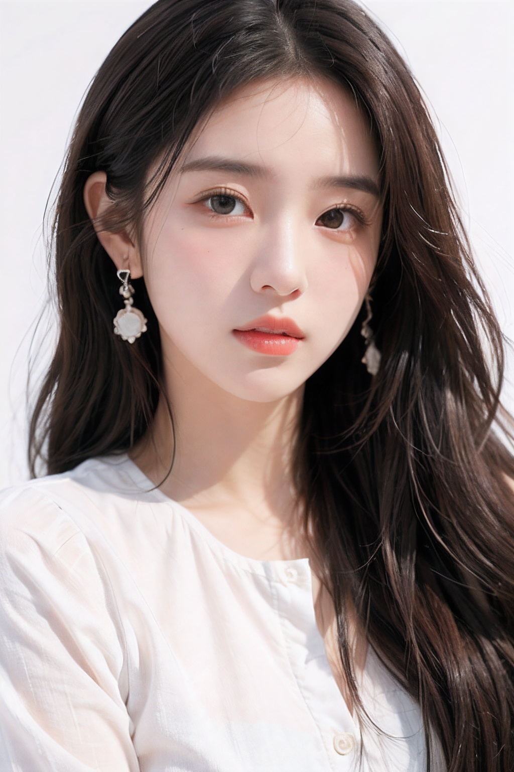 1girl, solo, earrings, jewelry, long hair, brown hair, realistic, looking at viewer, lips, upper body, closed mouth, simple background, portrait, brown eyes, shirt, white shirt, wavy hair, black eyes, blush, white background