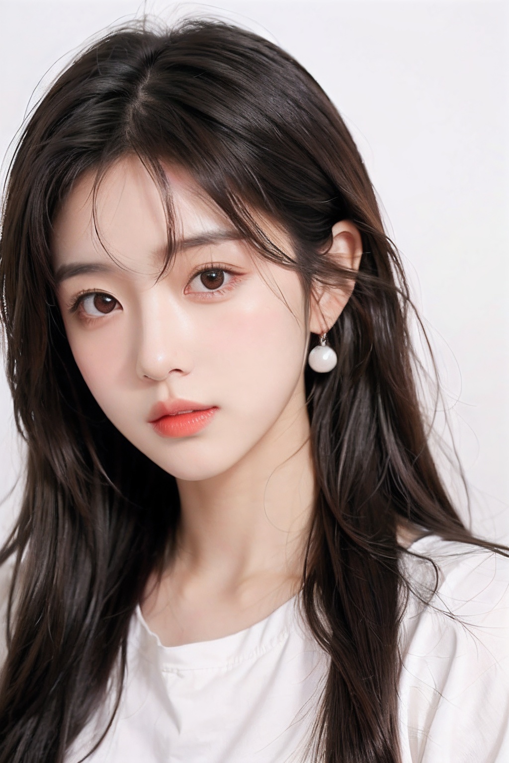 1girl, solo, earrings, jewelry, long hair, brown hair, realistic, looking at viewer, lips, upper body, closed mouth, simple background, portrait, brown eyes, shirt, white shirt, wavy hair, black eyes, blush, white background