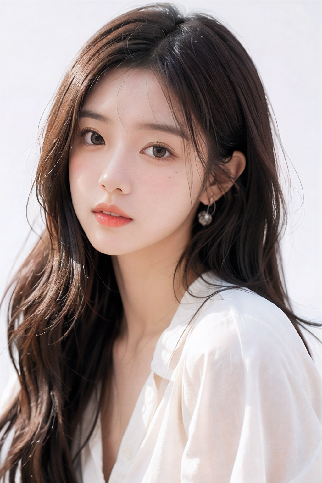 1girl, solo, earrings, jewelry, long hair, brown hair, realistic, looking at viewer, lips, upper body, closed mouth, simple background, portrait, brown eyes, shirt, white shirt, wavy hair, black eyes, blush, white background