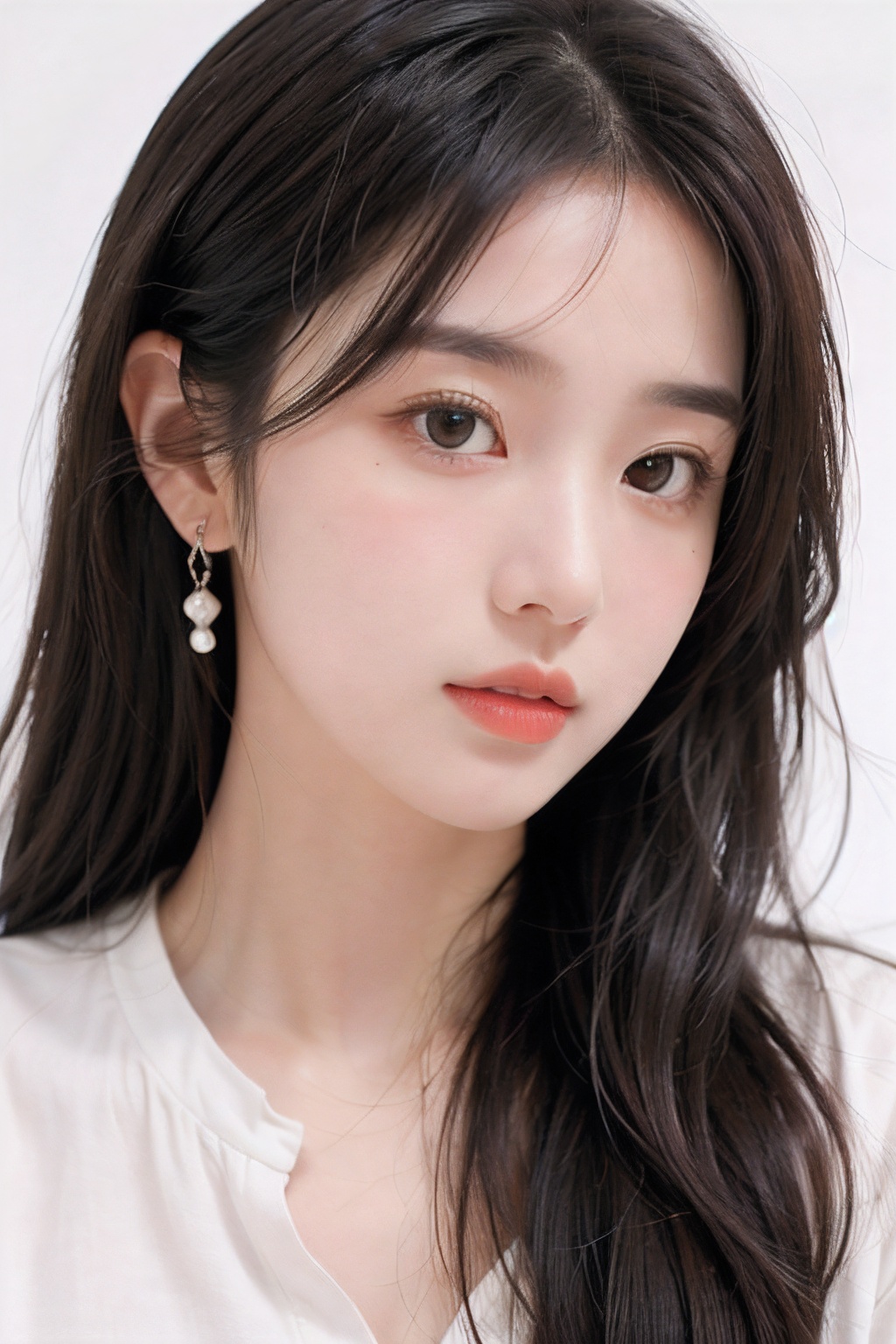 1girl, solo, earrings, jewelry, long hair, brown hair, realistic, looking at viewer, lips, upper body, closed mouth, simple background, portrait, brown eyes, shirt, white shirt, wavy hair, black eyes, blush, white background