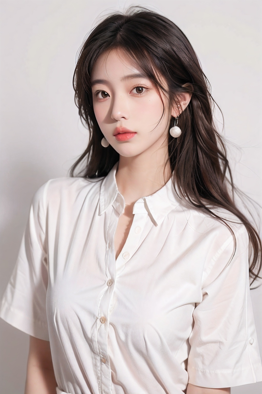 1girl, solo, earrings, jewelry, long hair, brown hair, realistic, looking at viewer, lips, upper body, closed mouth, simple background, portrait, brown eyes, shirt, white shirt, wavy hair, black eyes, blush, white background